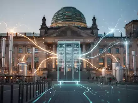 Eine Grafik, die Energieflüsse zwischen Industrieanlagen, einem Rechenzentrum und einem Regierungsgebäude darstellt. - Foto: über boerse-global.de