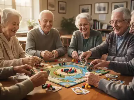 Senioren spielen Brett- und Kartenspiele an einem Tisch, lachen und interagieren. Hände bewegen Spielsteine und Karten. - Foto: über boerse-global.de