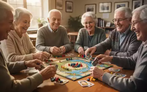 Senioren spielen Brett- und Kartenspiele an einem Tisch, lachen und interagieren. Hände bewegen Spielsteine und Karten. - Foto: über boerse-global.de