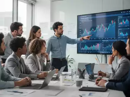 Eine Gruppe von Fachleuten in einem modernen Schulungsraum, die an einem Workshop teilnehmen und auf einen Bildschirm mit Finanzdiagrammen schauen. - Foto: über boerse-global.de