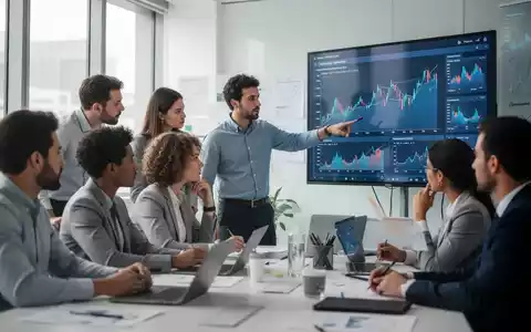 Eine Gruppe von Fachleuten in einem modernen Schulungsraum, die an einem Workshop teilnehmen und auf einen Bildschirm mit Finanzdiagrammen schauen. - Foto: über boerse-global.de