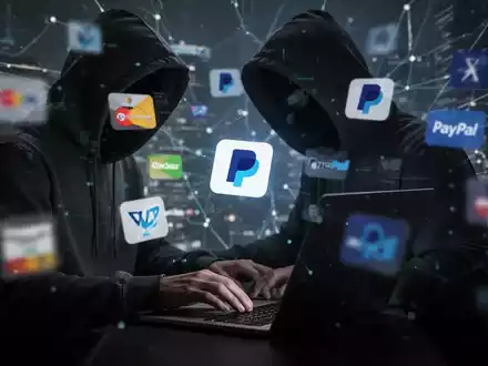 Eine Schattenfigur nutzt ein Laptop, umgeben von verschwommenen digitalen Zahlungssymbolen, die den Missbrauch von Online-Finanzplattformen symbolisieren. - Foto: über boerse-global.de