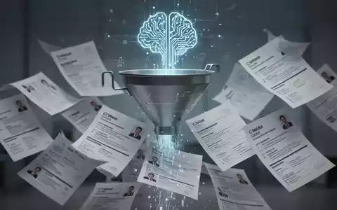 Ein verschwommenes Bild von identischen Lebensläufen, die in einen digitalen Trichter fließen, darüber ein leuchtendes KI-Symbol. - Foto: über boerse-global.de