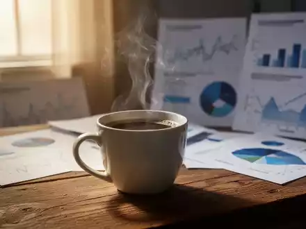 Eine dampfende Tasse Kaffee auf einem Holztisch mit unscharfen wissenschaftlichen Diagrammen im Hintergrund, die Forschung symbolisieren. - Foto: über boerse-global.de