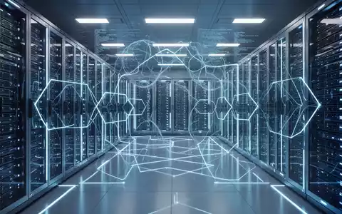 Zukunftsorientierter Serverraum mit blauen Leuchten und komplexen Serverracks, Symbol für KI-Technologie und Datenverarbeitung. - Foto: über boerse-global.de