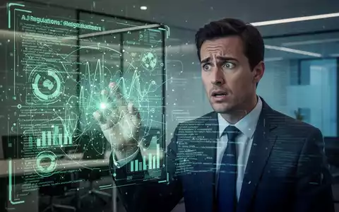 Ein verwirrter Geschäftsmann blickt auf eine leuchtende digitale Schnittstelle mit Datenvisualisierungen und Code, die KI-Vorschriften darstellt. - Foto: über boerse-global.de