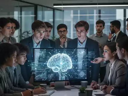 Junge Fachkräfte in einem modernen Büro betrachten besorgt eine abstrakte KI-Schnittstelle, die den Einfluss von KI auf die Arbeitswelt symbolisiert. - Foto: über boerse-global.de
