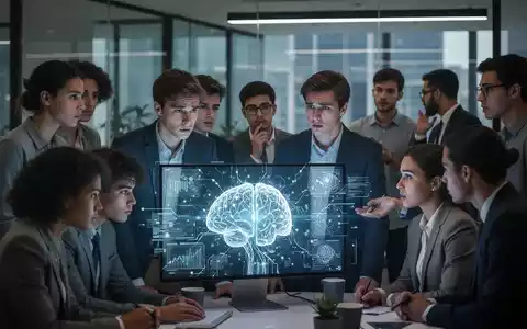 Junge Fachkräfte in einem modernen Büro betrachten besorgt eine abstrakte KI-Schnittstelle, die den Einfluss von KI auf die Arbeitswelt symbolisiert. - Foto: über boerse-global.de