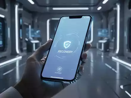Ein futuristisches Smartphone mit minimalistischer Wiederherstellungsoberfläche, gehalten von einer Hand in einer modernen Umgebung. - Foto: über boerse-global.de