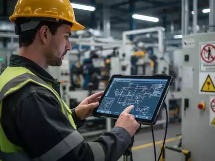 Ein Sicherheitsingenieur in Arbeitskleidung betrachtet digitale Pläne auf einem Tablet in einer Industrieumgebung. - Foto: über boerse-global.de