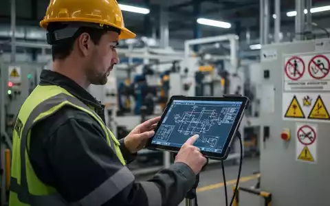 Ein Sicherheitsingenieur in Arbeitskleidung betrachtet digitale Pläne auf einem Tablet in einer Industrieumgebung. - Foto: über boerse-global.de