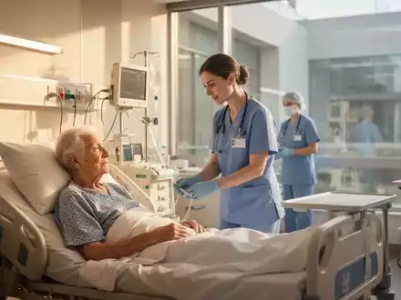 Eine ältere Patientin erhält in einem modernen, sonnendurchfluteten Krankenzimmer Pflege von einer Krankenschwester, mit Andeutungen eines neuen Klinikflügels im Hintergrund. - Foto: über boerse-global.de