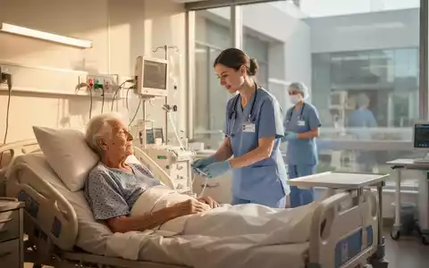 Eine ältere Patientin erhält in einem modernen, sonnendurchfluteten Krankenzimmer Pflege von einer Krankenschwester, mit Andeutungen eines neuen Klinikflügels im Hintergrund. - Foto: über boerse-global.de