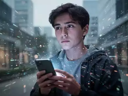 Eine junge Person blickt nachdenklich von einem leuchtenden Smartphone weg, umgeben von verschwommenem digitalen Rauschen und Licht. - Foto: über boerse-global.de