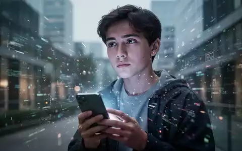 Eine junge Person blickt nachdenklich von einem leuchtenden Smartphone weg, umgeben von verschwommenem digitalen Rauschen und Licht. - Foto: über boerse-global.de