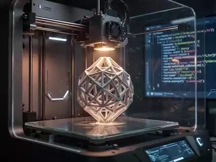 Ein 3D-Drucker druckt ein komplexes Objekt, im Hintergrund ist eine digitale Oberfläche mit Text-zu-3D-Konvertierungscode zu sehen. - Foto: über boerse-global.de