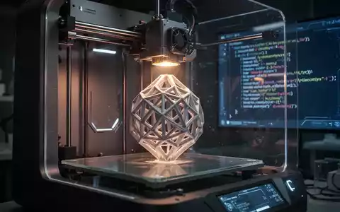 Ein 3D-Drucker druckt ein komplexes Objekt, im Hintergrund ist eine digitale Oberfläche mit Text-zu-3D-Konvertierungscode zu sehen. - Foto: über boerse-global.de