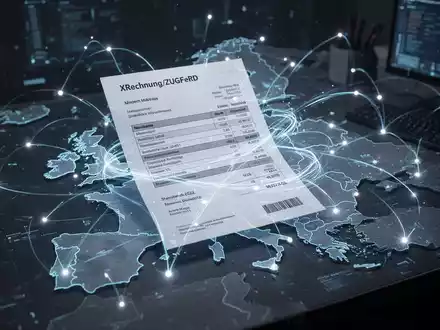 Eine stilisierte, leuchtende digitale Rechnung (XRechnung/ZUGFeRD) mit Datenflüssen über vernetzte europäische Länderumrisse auf einem Schreibtisch. - Foto: über boerse-global.de