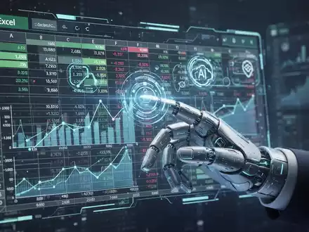 Futuristische Hand interagiert mit holografischer Excel-Oberfläche, zeigt Finanzdaten und KI-Automatisierungssymbole. - Foto: über boerse-global.de