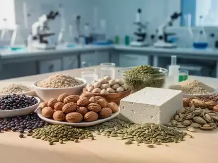 Eine Nahaufnahme einer Auswahl pflanzlicher Proteine wie Linsen, Nüsse und Tofu auf einem Holztisch mit verschwommenem Laborhintergrund. - Foto: über boerse-global.de
