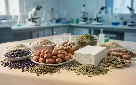 Eine Nahaufnahme einer Auswahl pflanzlicher Proteine wie Linsen, Nüsse und Tofu auf einem Holztisch mit verschwommenem Laborhintergrund. - Foto: über boerse-global.de