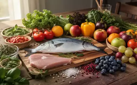 Ein Stillleben mit verschiedenen gesunden Lebensmitteln, darunter Gemüse, Obst, Fisch und Nüsse, auf einem Holztisch. - Foto: über boerse-global.de