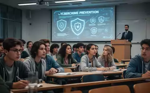 Junge Studierende hören aufmerksam einem Vortrag über Cybersicherheit in einem modernen Hörsaal zu, mit digitalen Grafiken im Hintergrund. - Foto: über boerse-global.de