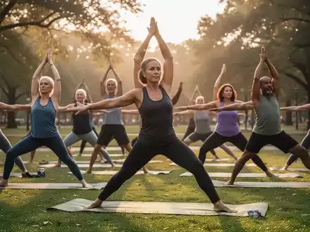 Eine vielfältige Gruppe von Menschen praktiziert Yoga im Freien bei Sonnenaufgang, konzentriert auf Rumpfstabilität und achtsame Bewegung. - Foto: über boerse-global.de