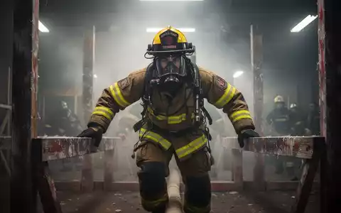 Ein Feuerwehrmann in voller Ausrüstung und mit Atemschutzmaske überwindet einen Hindernisparcours in einem rauchigen Raum. - Foto: über boerse-global.de