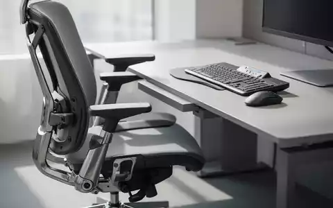 Ein ergonomischer Bürostuhl mit Synchronmechanik und eine kabellose, ergonomische Tastatur auf einem modernen Schreibtisch in einem Büroumfeld. - Foto: über boerse-global.de