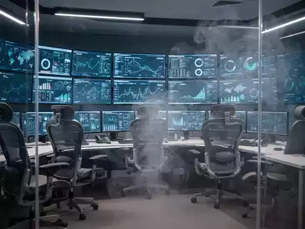 Ein moderner Kontrollraum mit mehreren Bildschirmen, ergonomischen Stühlen und einer angedeuteten Rauchbarriere für Sicherheit. - Foto: über boerse-global.de