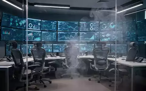 Ein moderner Kontrollraum mit mehreren Bildschirmen, ergonomischen Stühlen und einer angedeuteten Rauchbarriere für Sicherheit. - Foto: über boerse-global.de