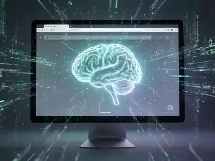 Leuchtendes KI-Gehirn-Symbol über Browseroberfläche auf Monitor, symbolisiert KI-Funktionen und mögliche Softwareaufblähung. - Foto: über boerse-global.de