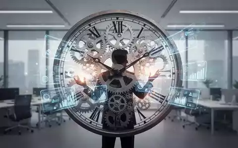 Eine stilisierte Uhr mit Zahnrädern, die sich mit der Silhouette einer Person vermischt, die mehrere Aufgaben oder Bildschirme verwaltet. - Foto: über boerse-global.de