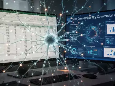 Leuchtendes neuronales Netz über Excel-Tabelle und PowerPoint-Präsentation, KI wandelt Daten in Folien um. - Foto: über boerse-global.de