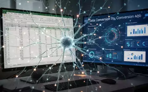 Leuchtendes neuronales Netz über Excel-Tabelle und PowerPoint-Präsentation, KI wandelt Daten in Folien um. - Foto: über boerse-global.de
