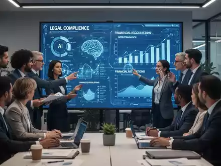 HR-Fachkräfte in einem modernen Büro, die an einem digitalen Bildschirm mit Daten zu Compliance, KI und Finanzvorschriften arbeiten. - Foto: über boerse-global.de