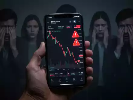 Eine Hand hält ein Smartphone, auf dem eine Krypto-Handels-App mit sinkenden Kursen und Warnzeichen zu sehen ist, im Hintergrund verschwommene, besorgte Personen. - Foto: über boerse-global.de
