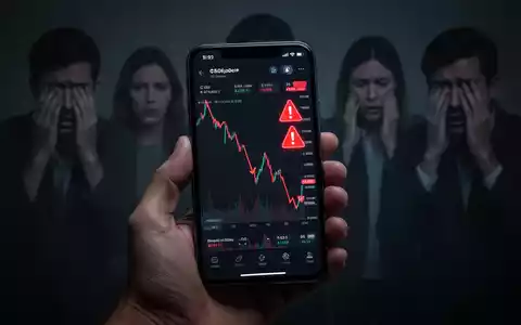 Eine Hand hält ein Smartphone, auf dem eine Krypto-Handels-App mit sinkenden Kursen und Warnzeichen zu sehen ist, im Hintergrund verschwommene, besorgte Personen. - Foto: über boerse-global.de