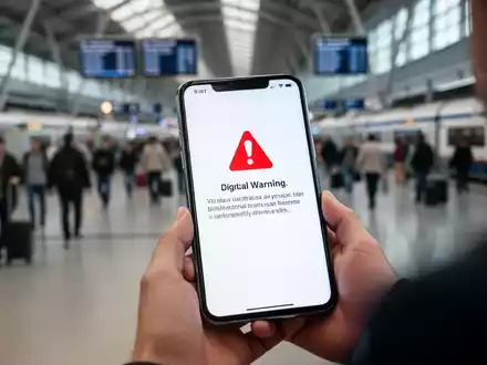 Ein Smartphone-Bildschirm zeigt eine Warnmeldung vor Betrug, im unscharfen Hintergrund ein belebter Reiseknotenpunkt. - Foto: über boerse-global.de