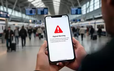 Ein Smartphone-Bildschirm zeigt eine Warnmeldung vor Betrug, im unscharfen Hintergrund ein belebter Reiseknotenpunkt. - Foto: über boerse-global.de