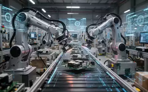 Roboterarme bewegen elektronische Bauteile in einer hochautomatisierten Fabrik, Symbol für fortschrittliche Logistik und KI-Infrastruktur. - Foto: über boerse-global.de