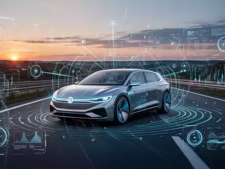 Autonomer VW fährt bei Dämmerung auf deutscher Autobahn, leuchtende digitale Linien symbolisieren Daten und Sensoren. - Foto: über boerse-global.de