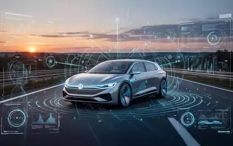 Autonomer VW fährt bei Dämmerung auf deutscher Autobahn, leuchtende digitale Linien symbolisieren Daten und Sensoren. - Foto: über boerse-global.de