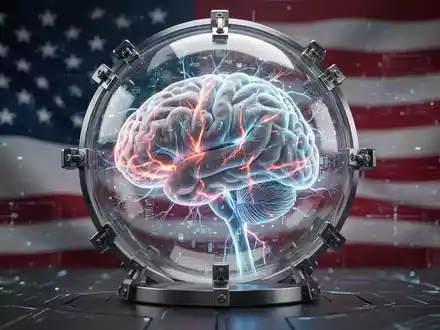 Leuchtendes digitales Gehirn in transparenter Kugel, KI darstellend, mit dezenter US-Flagge im Hintergrund als Symbol für Zugriffsbeschränkungen. - Foto: über boerse-global.de