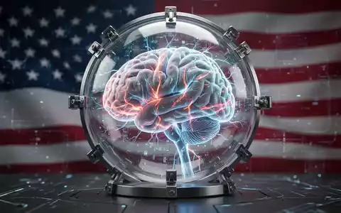 Leuchtendes digitales Gehirn in transparenter Kugel, KI darstellend, mit dezenter US-Flagge im Hintergrund als Symbol für Zugriffsbeschränkungen. - Foto: über boerse-global.de