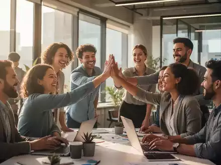 Eine Gruppe von Menschen arbeitet lächelnd und kollaborativ in einem modernen Büro. Eine Person gibt einer anderen ein High-Five. - Foto: über boerse-global.de
