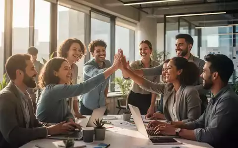 Eine Gruppe von Menschen arbeitet lächelnd und kollaborativ in einem modernen Büro. Eine Person gibt einer anderen ein High-Five. - Foto: über boerse-global.de