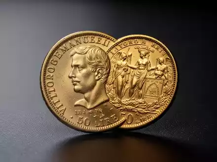 Nahaufnahme einer historischen italienischen 50-Lire-Goldmünze von 1911, die das Porträt von König Vittorio Emanuele III. zeigt. - Foto: über boerse-global.de