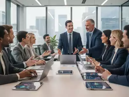 Geschäftsleute in einem modernen Büro, die an einem Tisch zusammenarbeiten, um Produktivität und innovative Führung zu symbolisieren. - Foto: über boerse-global.de